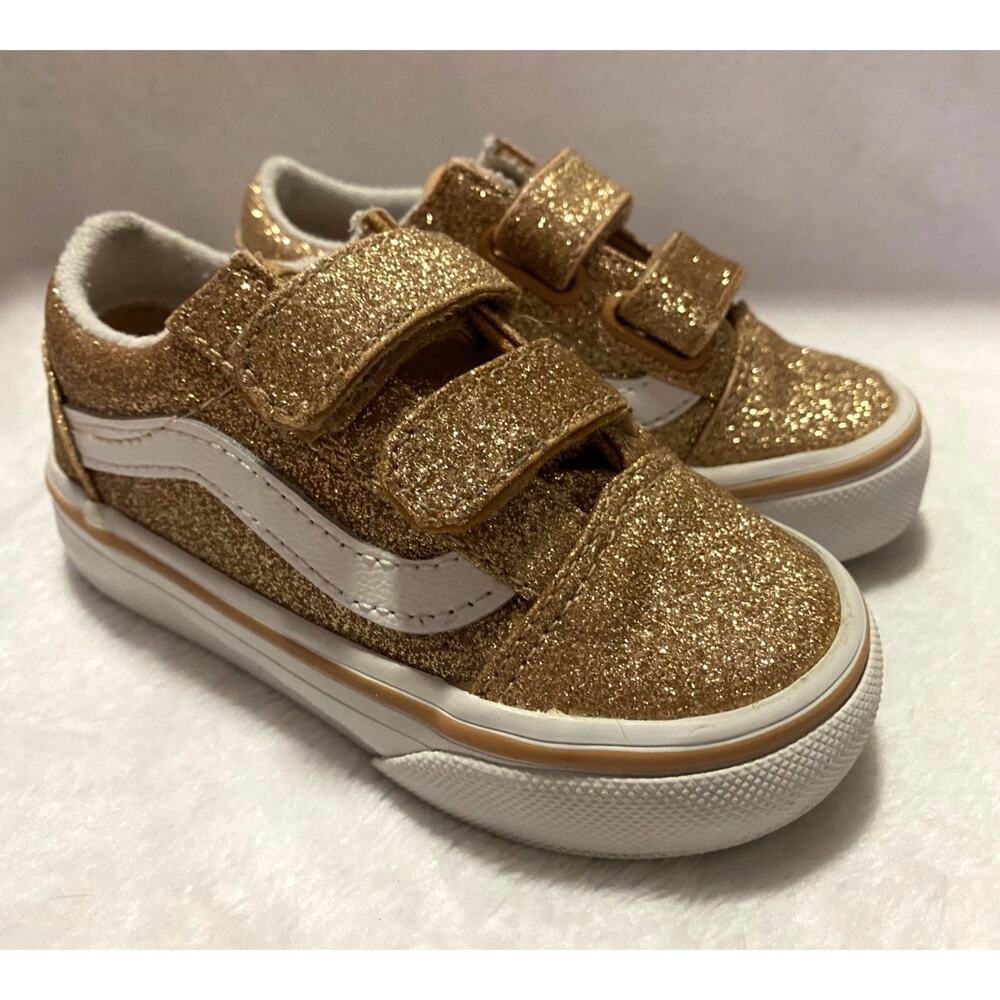 Vans Old Skool V Toddler Amberlight Glitter Gold Shoes Hook Loop Sneakers